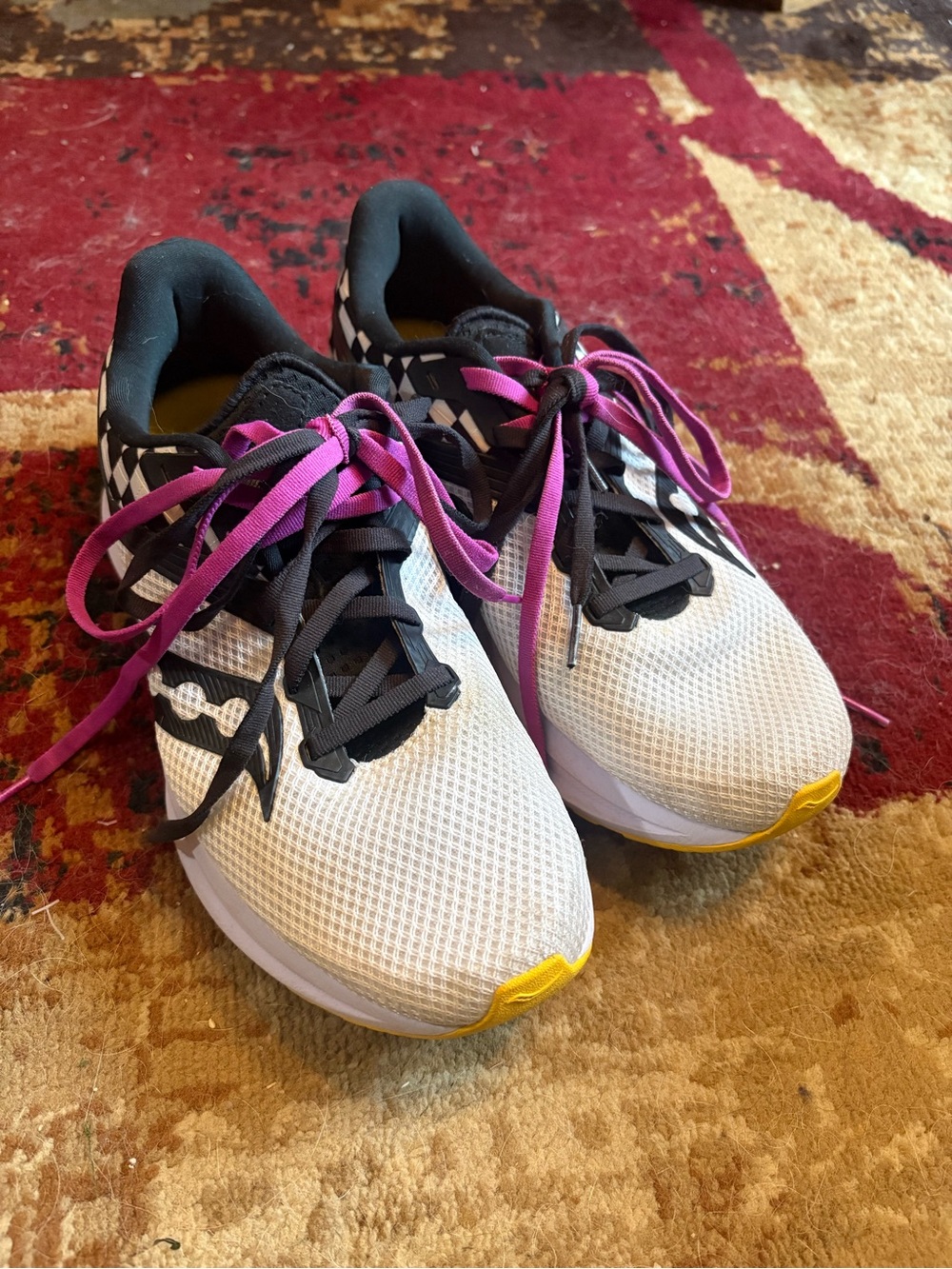 Saucony Checker-Print Running Shoe with Purple Laces and Yellow Toes
